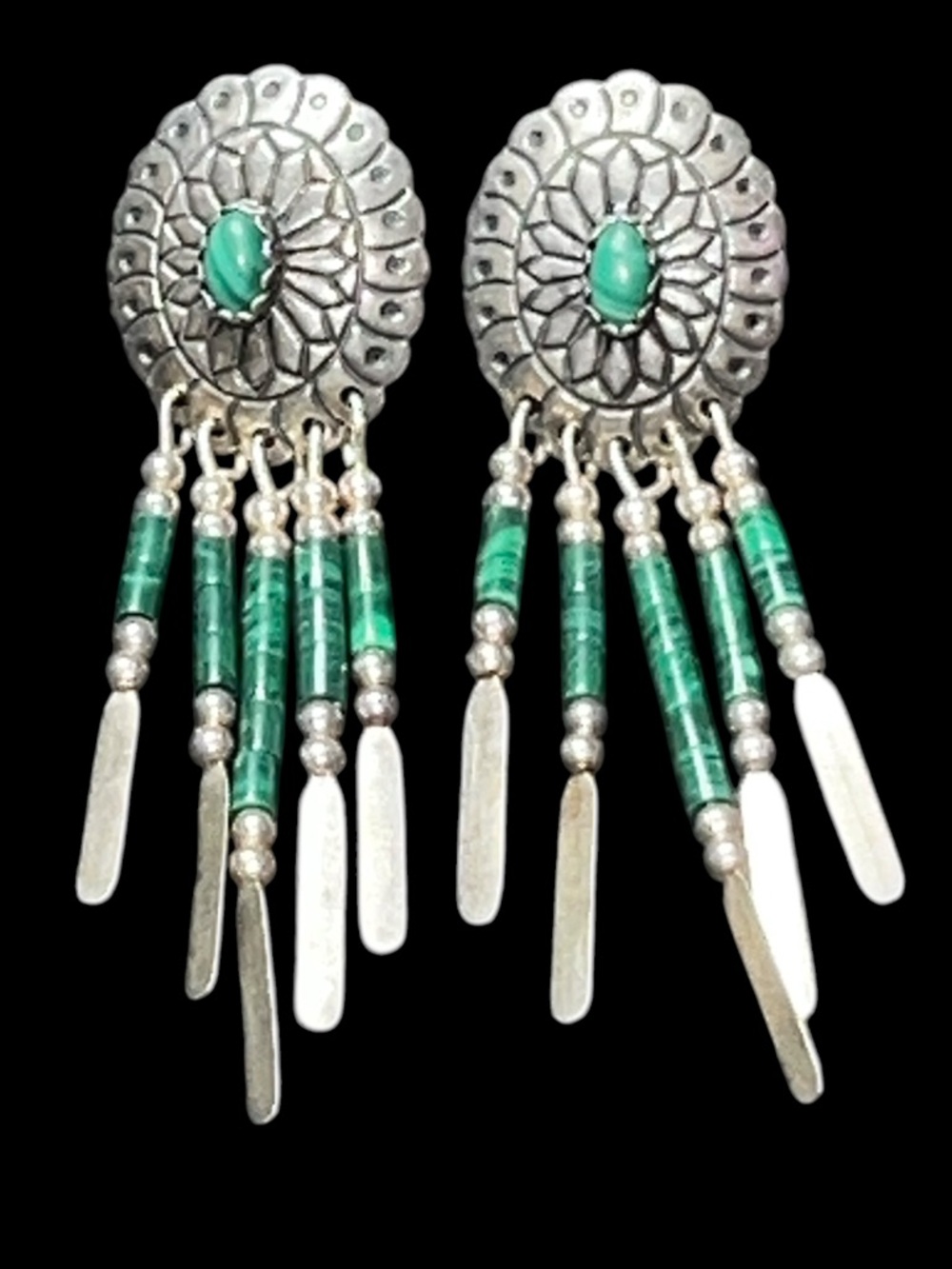 Vintage Native American Sterling-Dangle Earrings with Malachite Accent